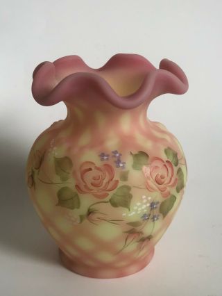 Vintage Fenton Glass Rose Pink Floral Scalloped 4 " Vase Hand Painted Signed