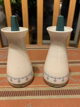 Pyrex Vintage Salt and Pepper Shakers White Glass With Aqua Snowflake Garland 2
