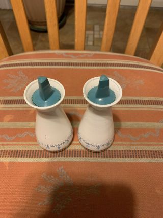 Pyrex Vintage Salt and Pepper Shakers White Glass With Aqua Snowflake Garland 4
