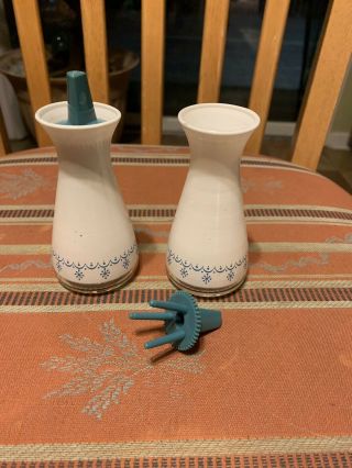 Pyrex Vintage Salt and Pepper Shakers White Glass With Aqua Snowflake Garland 5