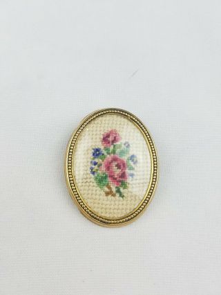 Vintage Crossstitch Floral Cameo Brooch Pin Gold Tone Frame