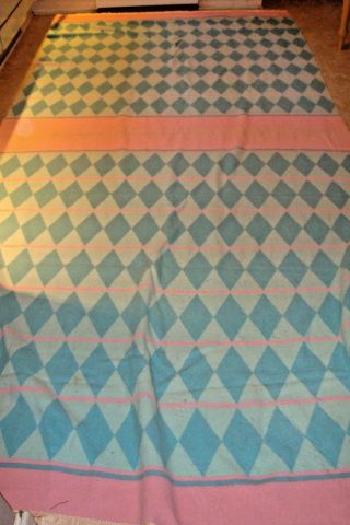 Huge 70 X 156 Vintage Pink & Blue Stripe Cotton Camp Blanket Argyle Design