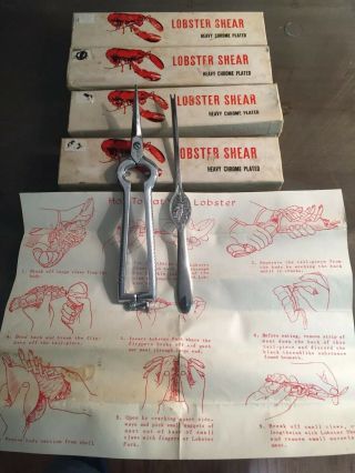Set Of 4 Vintage Lobster Shears Heavy Chrome - Down - East Novelties Box