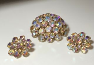 Vintage Signed Ab Rhinestone Weiss Domed Brooch And Matching Earrings