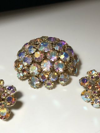 Vintage Signed AB Rhinestone Weiss Domed Brooch and Matching Earrings 3
