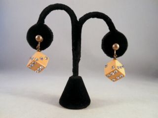 Vtg Butterscotch Bakelite Clear Rhinestone Dice Brass Dangling Earrings Test,