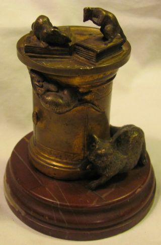 Vintage 4.  5 " Brass Mice On Books With Cat Stalking Trinket Box,  Marble Base,  Vg