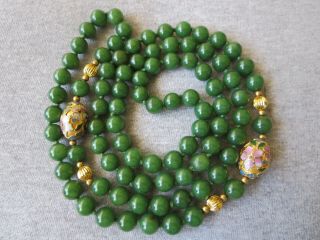 Vintage Green Jade And Cloisonne Beaded Necklace