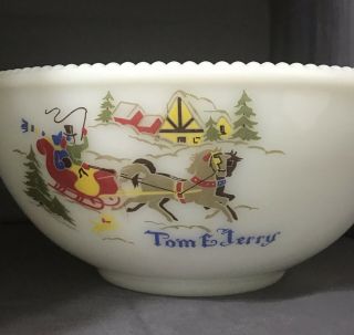 Vintage Mckee Tom And Jerry Punch Bowl Milk Glass With Winter Sleigh Scenery