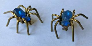 Two Vintage Brass And Blue Rhinestone Spider Pins
