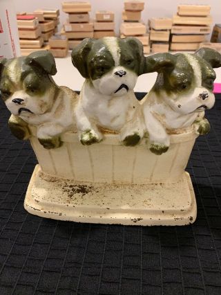 Vintage John Wright Doorstop - 3 Terrier Puppies In A Tub - Paint