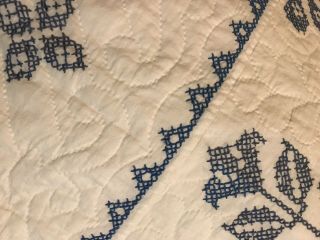 Vintage Stamped Cross Stitch Quilt Cobalt Blue White Size 65” X 92” 4
