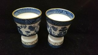 2 Vintage Real Old Willow Blue Booths Egg Cups With Gold Trim