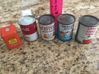 Vintage 5 Metal Tin Play Food Cans Campbell’s Soups,  Ceylon Tea,  Gerber Oj Libby