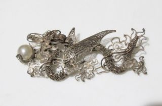 925 Sterling Silver - Vintage Filigree Design Dragon Brooch Pin