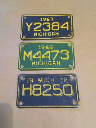 Vintage Michigan Motorcycle License Plates Group Of Three 1967,  1968,  1972.