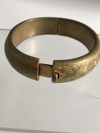 Vintage Gold Tone Etched Engraved Floral Motif Wide Hinged Bangle Bracelet