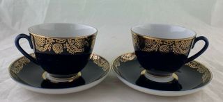 Vintage Russian Ussr Lomonosov Cobalt Blue Gold Tea Cup Saucer 4 Pc Signed