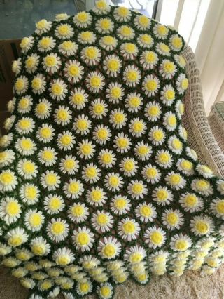 Vtg Handmade Crochet Throw Blanket 3d Daisy Afghan Yellow Green Flowers 60 " X80 "