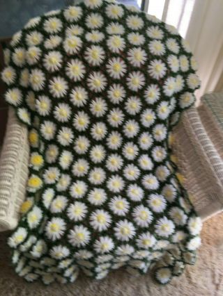 VTG Handmade Crochet Throw Blanket 3D Daisy Afghan Yellow Green Flowers 60 
