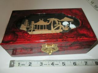 Vintage Red Black Lacquered Cork Carving Under Glass Jewelry Box Chest Fine Work