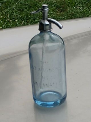 Vtg 1935 W.  T.  Wagners Sons Cincinnati Sky Blue Siphon Seltzer Bottle