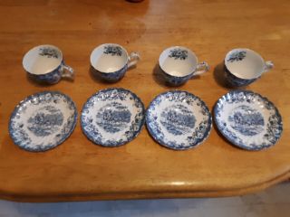 Johnson Brothers Ironstone Coaching Scenes Vintage Set Of 4 Teacups And Saucers.