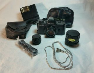 Vintage Pentax Auto 110 Camera,  3 Lenses 24mm F2.  8 18mm F2.  8 50mm F2.  8