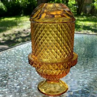Viking Art Glass Amber Diamond Point Fairy Tea Candle Lamp Glimmer Light Vintage