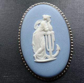 Vintage Silver Signed Wedgewood Blue White Cameo Lady Anchor Brooch Pin - C719