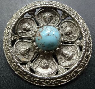 Vintage Miracle Turquoise Glass Royal Portrait Silver Tone Celtic Brooch - D493