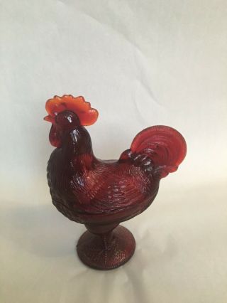 Vintage Deep Red Glass Standing Rooster Candy Dish