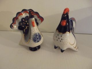 Vintage Rooster And Hen Blue White Gold Salt & Pepper Shakers Ussr Russia