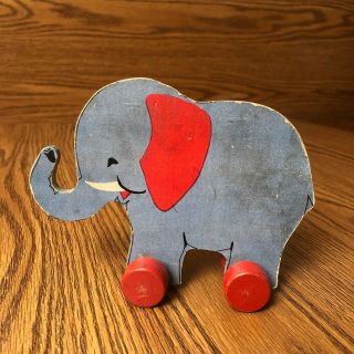 Vintage 1940s Fisher Price Wooden Elephant On Wheels Pull Toy Blue Red Retro