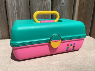 Vintage Caboodles Organizer Teal Pink Yellow Make Up Train Case 2602