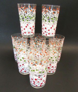 Set Of 8 Vintage Mid Century Confetti Drinking Glasses Orange Green Red Mcm
