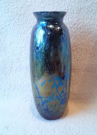 Vintage British Royal Brierley Studio Glass Blue Iridescent Vase 7.  5 " Tall