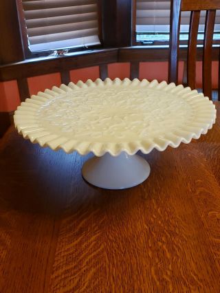 Vintage 12 1/2” White Milk Glass Fenton Spanish Lace Wedding Cake Stand Plate