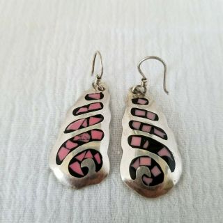 Vintage Mexico Taxco Sterling Silver Pink And Black Enamel Shell Dangle Earrings
