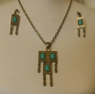 Vintage Sarah Coventry " Indian " Faux Turquoise Necklace & Clip On Earrings