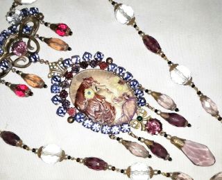 Vintage Beaded Necklace Cameo Painted Pendant,  Hand Made