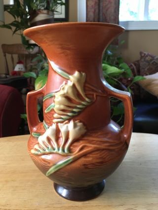 Vintage Roseville Pottery Orange Freesia Flowers Double Handle Vase 122 - 8 As - Is