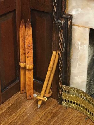 Frederick Hicks Roombox Vintage Wooden Skis,  Poles Dollhouse Miniature