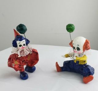 Vintage Set Of 2 Paper Mache Circus Clowns Mexican Folk Art Figurines Handmade