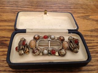Vintage Signed Miracle Jewellery Scottish Celtic Banded Agate Brooch & Earrings