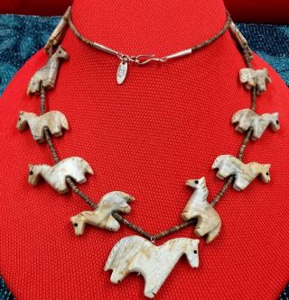 Vtg.  Sterling Silver Native American Signed R.  B.  Bear Stone Horse Necklace