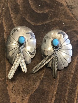 Vintage Native American Old Pawn Sterling Turquoise Feather Leaf Earrings