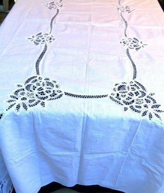 Vintage White Cotton Battenburg Lace Tablecloth 64x98 " Rectangle