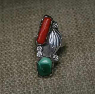 Vintage Native American Navajo Turquoise Coral Sterling Silver Ring Size 6.  5