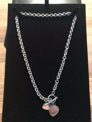 Ladies Silver Vintage T Bar Chain Link Necklace/choker With 2 Heart Charms